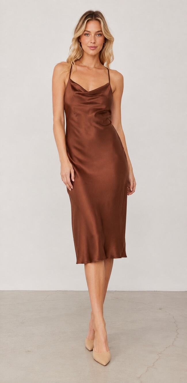 Grade & Gather Copper Satin Cowl Neck Midi Slip Dress Adjustable Straps Small